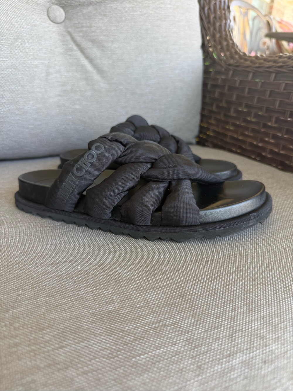 Jimmy Choo Black Braided Kes Moire Slide Sandals with Logo Strap